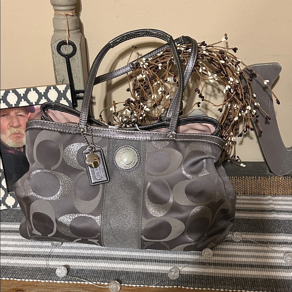 Coach Metallic Gray Signature Tote with Double Handles kiss lock closure